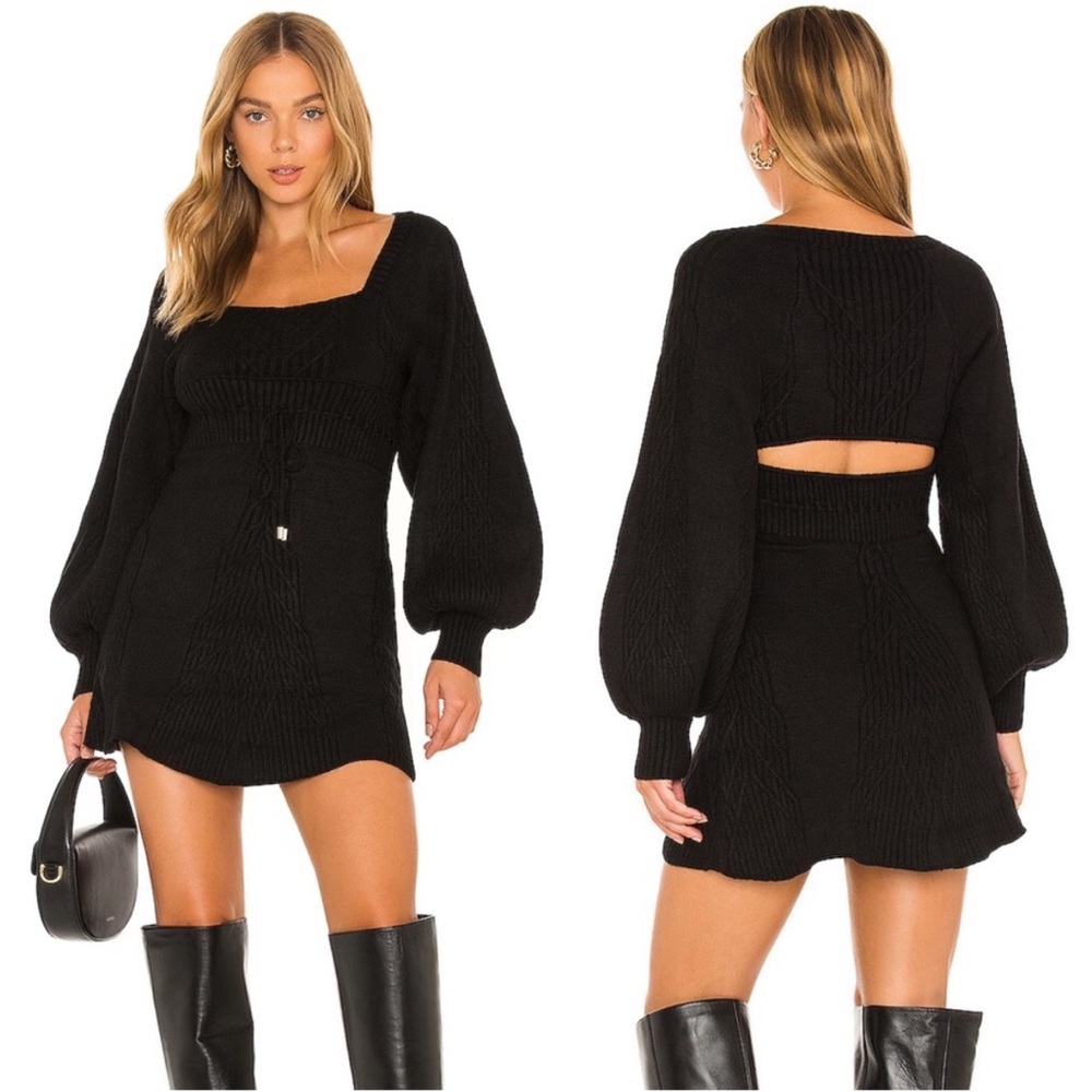 NWT Free People Emmaline Black Mini Dress Long Sleeve Size XS. Small Square Neck